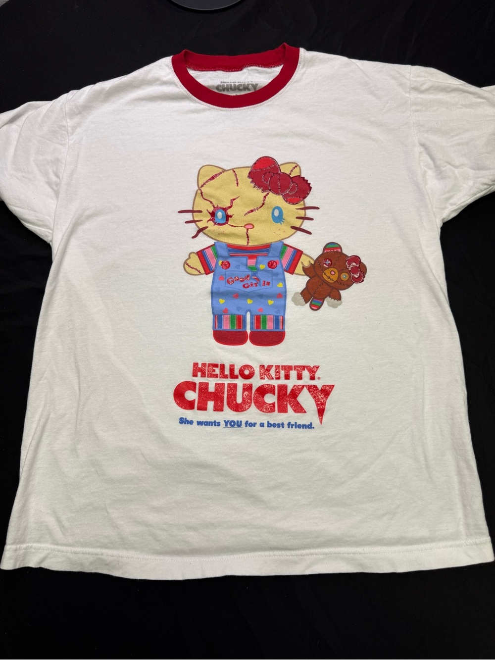 Hello Kitty White Tee with Red Trim and Multicolor Front Print (L)
